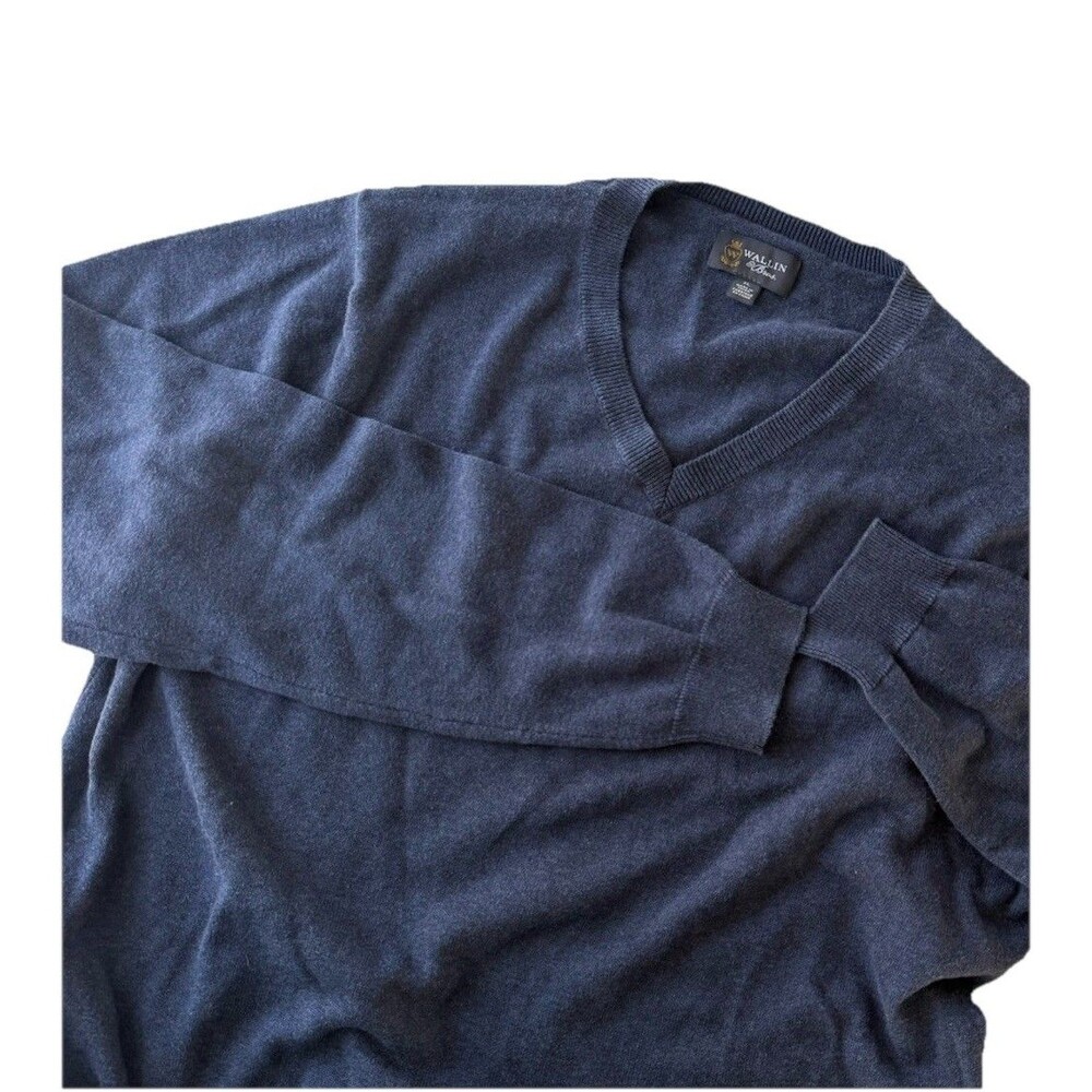 Wallin & Bros. Men Sweater XL Solid Blue Stretch Long Sleeve V Neck Cashmere cot